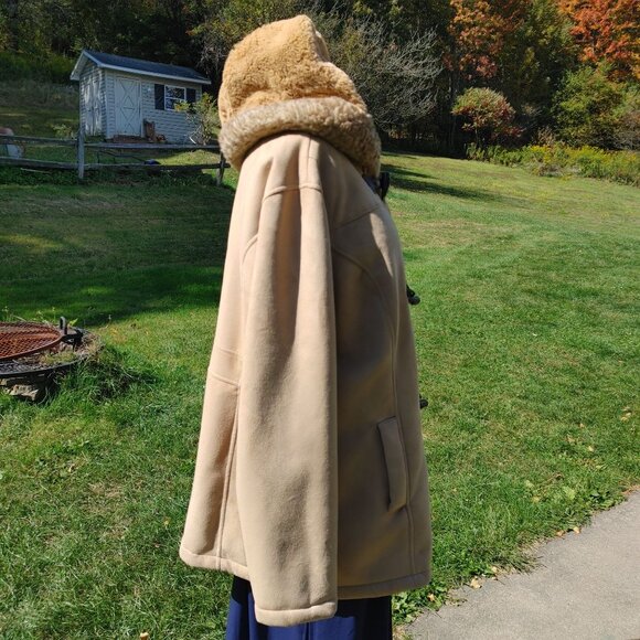 Nautica Mid Length Coat Tan Zip Toggle Closure Faux Shearling Hooded Pockets - Picture 5 of 12